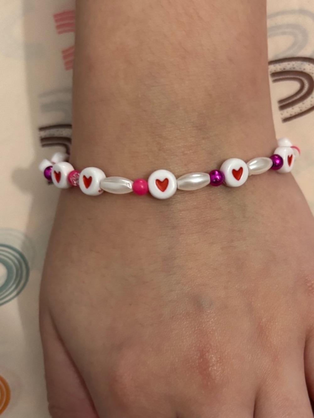 Pink & White Heart Beaded Stretch Bracelet - Jewelry